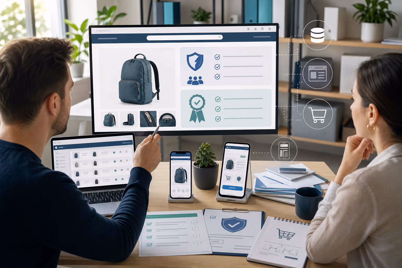Zwei Personen prüfen gemeinsam eine Rucksack-Produktseite mit Sicherheits- und Einkaufsfunktionen auf mehreren Geräten